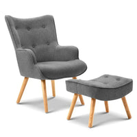 Grey Artiss Armchair with tufted back and matching ottoman on wooden floor