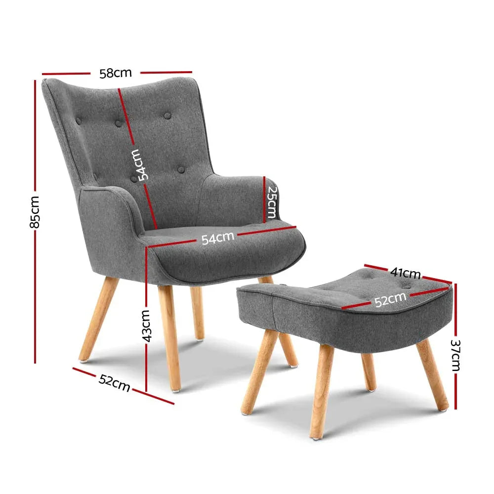 Side view of grey tufted Artiss Armchair and ottoman showing splayed wooden legs
