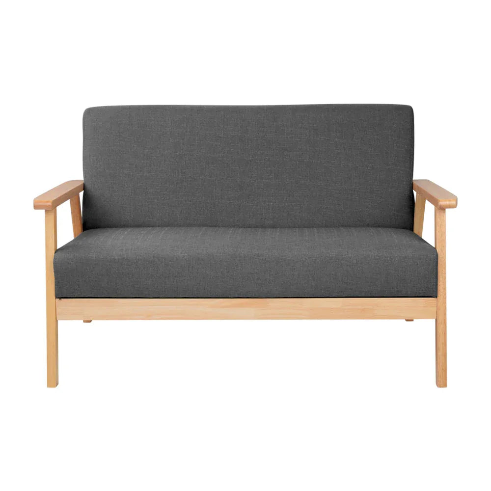 Side view of grey 2-seater fabric sofa highlighting its wooden legs with floor protectors.