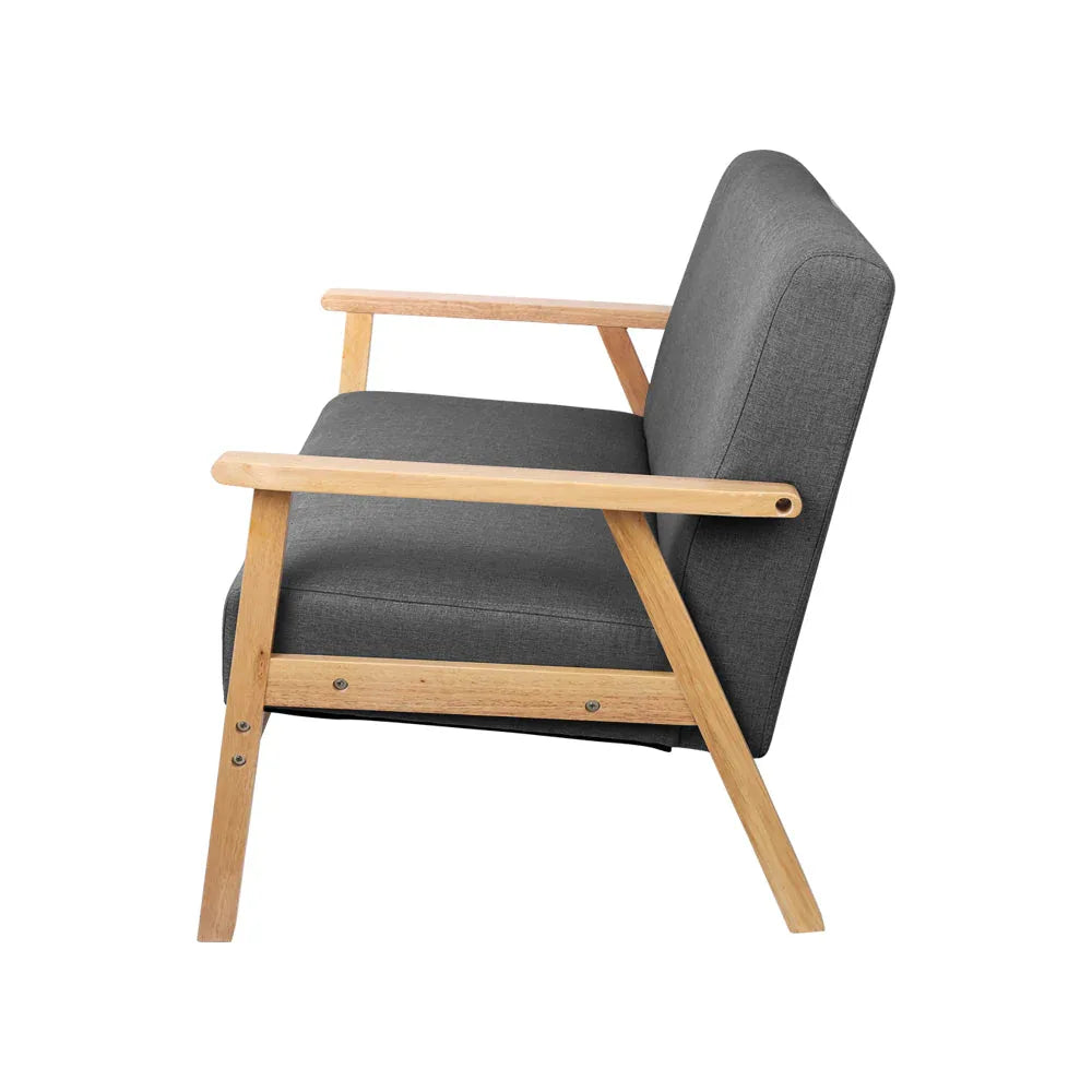 Front angle of grey fabric two-seater sofa chair showing seat and backrest cushions.