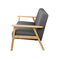 Front angle of grey fabric two-seater sofa chair showing seat and backrest cushions.