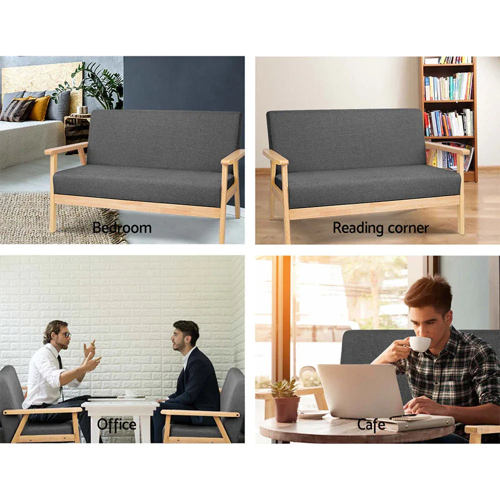 Close-up of the wooden sofa leg with rubber floor protector on grey fabric sofa.