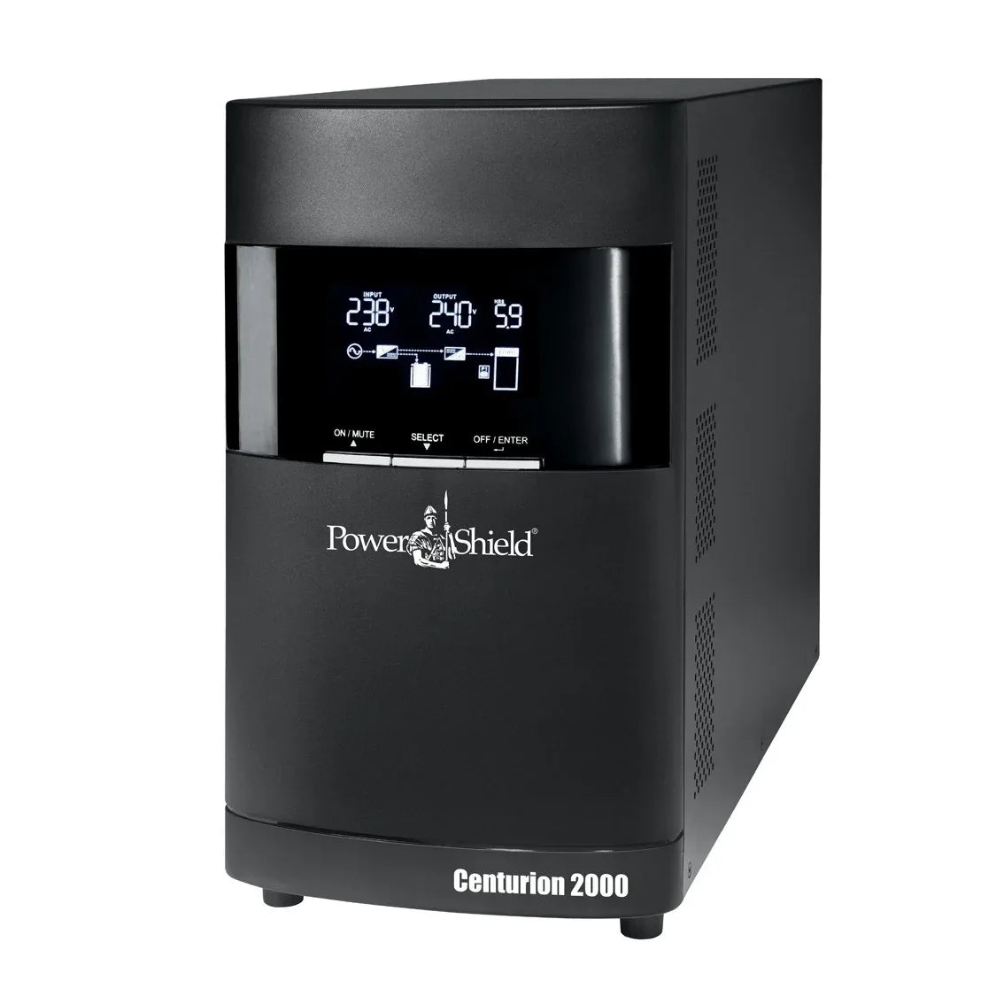 POWERSHIELD Centurion 2000VA True On-Line Tower UPS unit with front panel display and sturdy tower design