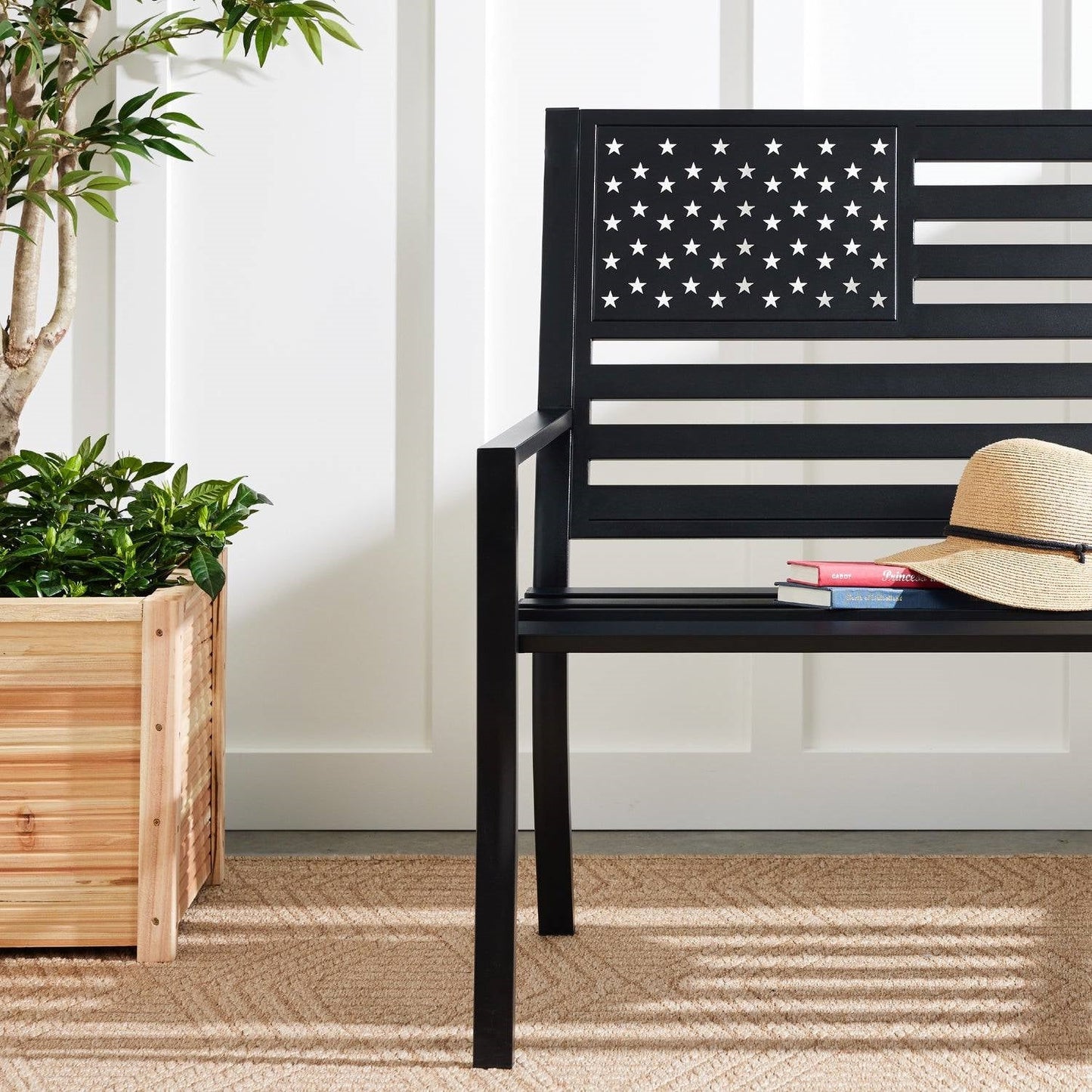 2 Person Patriotic USA Black Metal Bench with American Flag Backrest
