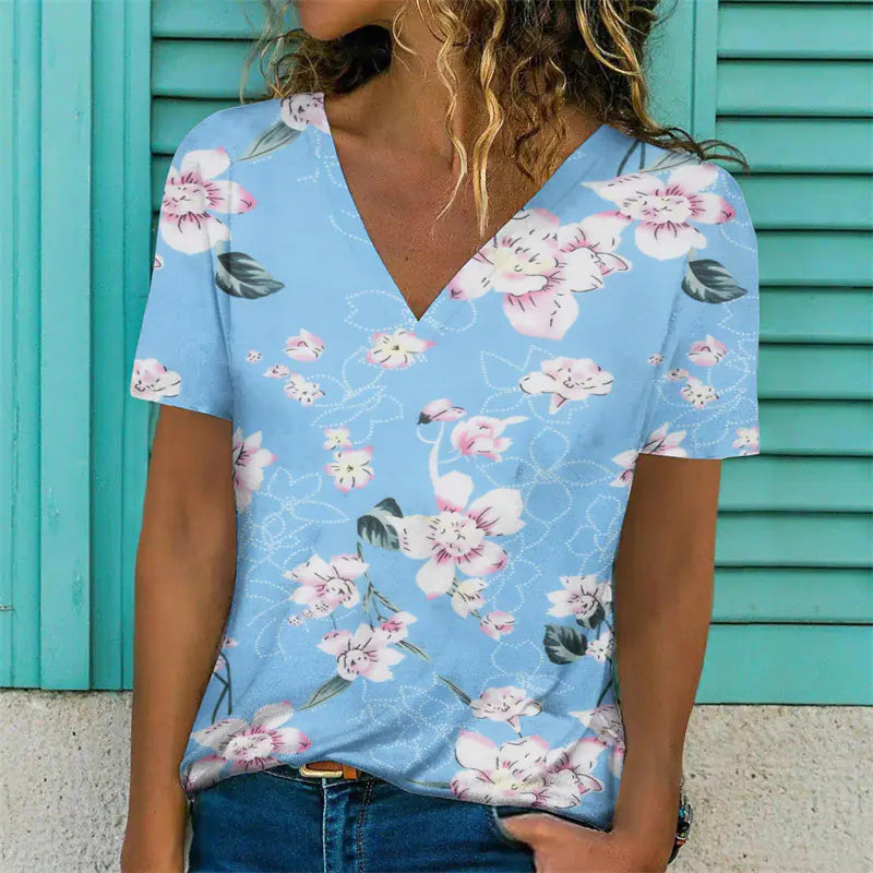 Women's Casual V-Neck T-Shirt with Floral Print