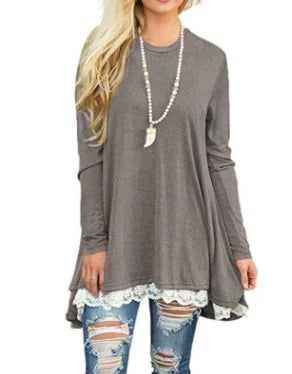 Lace Trim Round Neck Long Sleeve T-Shirt
