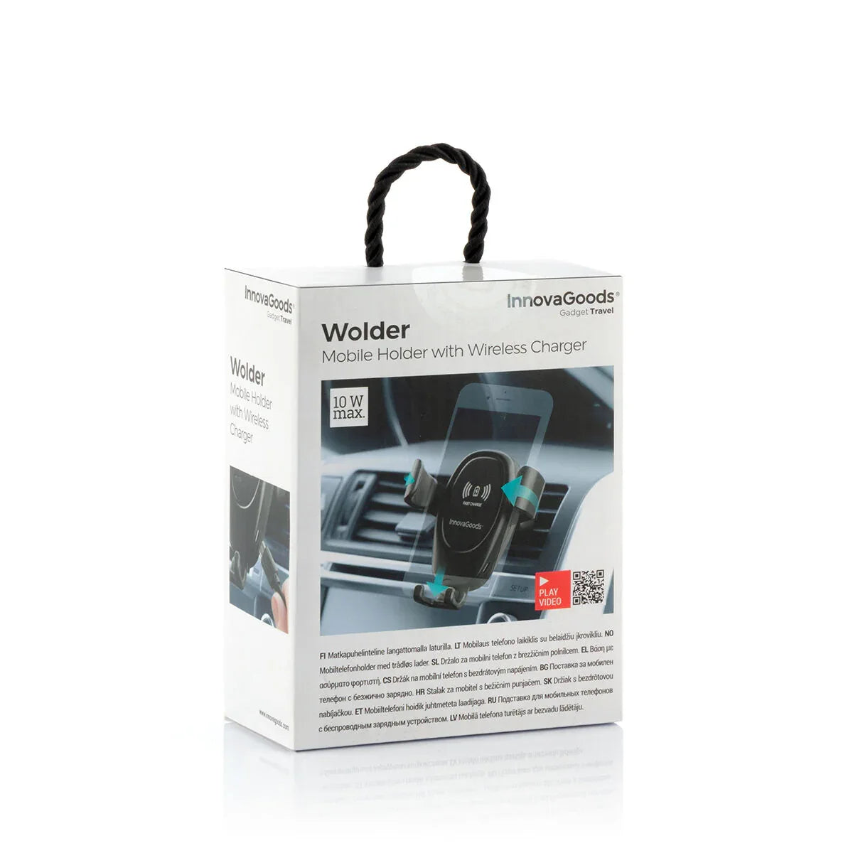 Product box of car phone holder with wireless charging, showing front and side views.