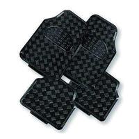 Black VENOM 4-piece car mats with aluminium look, showing front mats with textured rubber and aluminium accents.