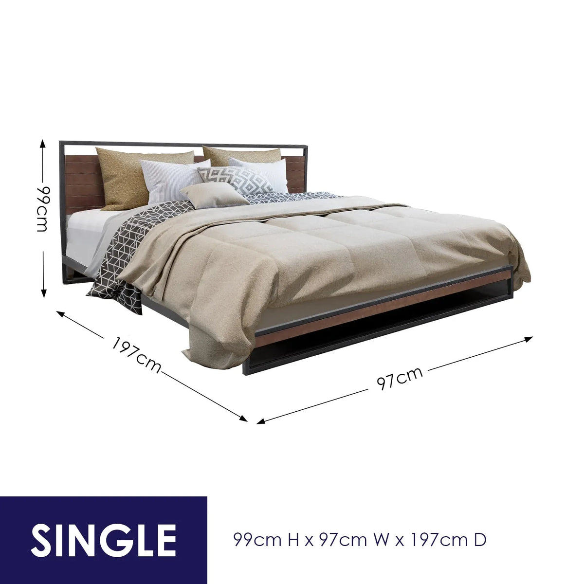 Side view of Milano Azure bed frame highlighting sleek black wood construction and steel support slats.