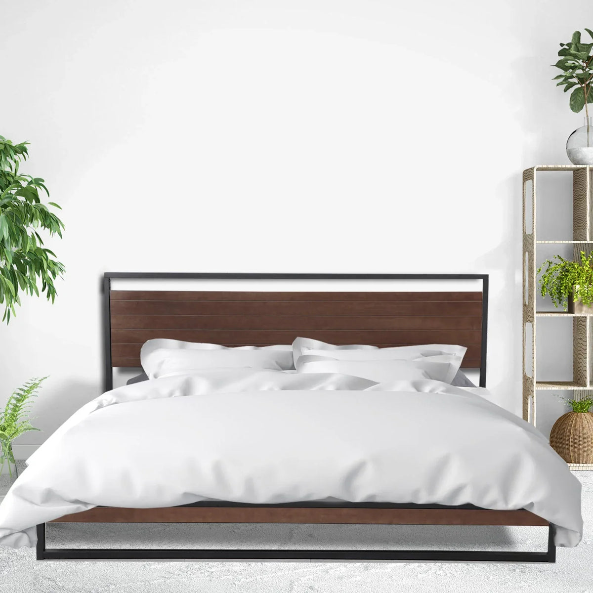 Detailed look at steel platform and floor protectors on black Milano Azure bed frame.