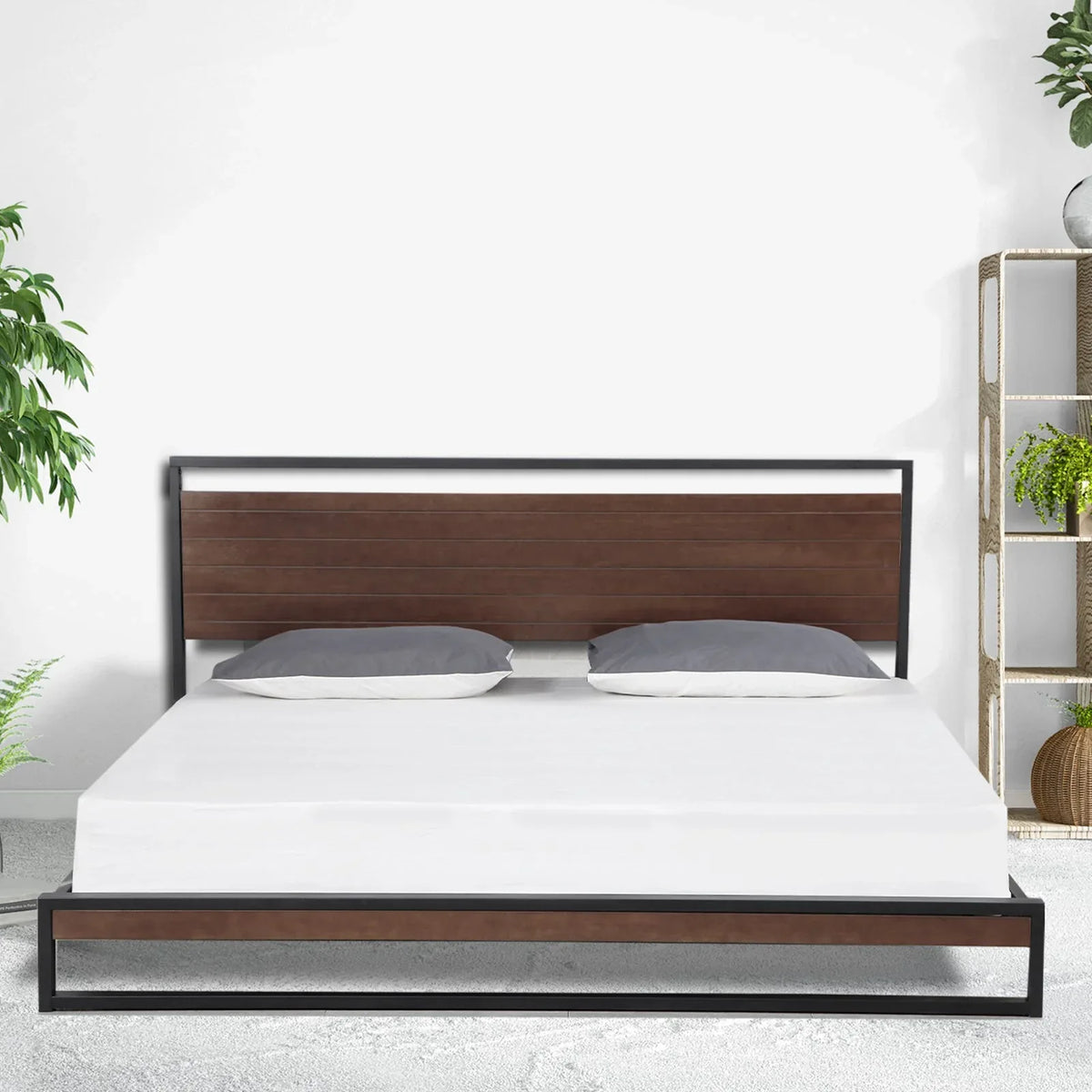 Milano Azure bed frame headboard and platform showing combination of wood and steel materials.
