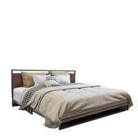 Black Milano Decor Azure bed frame with wood headboard and steel platform in minimalist bedroom setting.