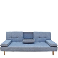 Top angle view showing grey sofa bed cushions arranged neatly with cupholder extended.