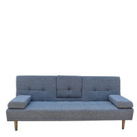 Grey 2-in-1 sofa bed in modern living room with pull-down cupholder and clean lines.