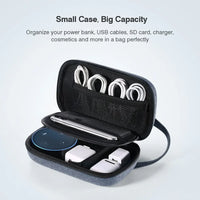 Side view of closed black portable electronics and makeup storage bag with subtle texture.