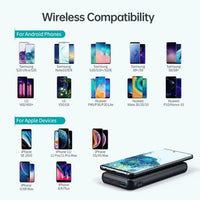 Wireless charging pad in use, charging a smartphone placed on top of the power bank.