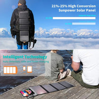 Folded portable solar charger with grid pattern and durable black fabric exterior.