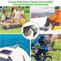 CHOETECH solar panel charger secured to a backpack using metal holes for easy attachment.
