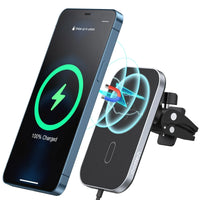 Close-up of CHOETECH T200F-301 wireless car charger holder attached to a car vent with phone mounting magnet.