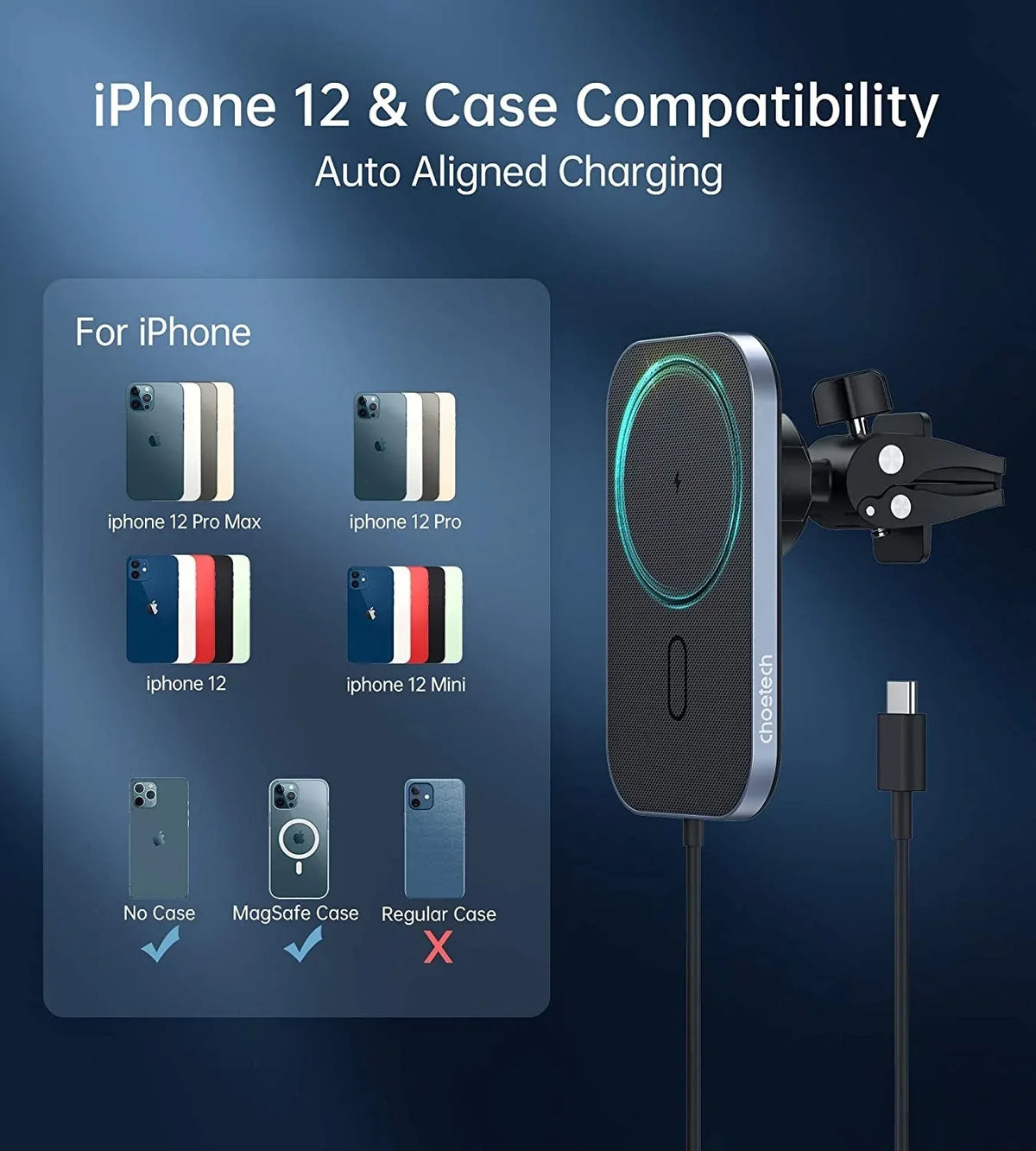 Illustration of wireless charging modes supported including 15W, 10W, 7.5W, 5W, and 2.5W smart safety system.
