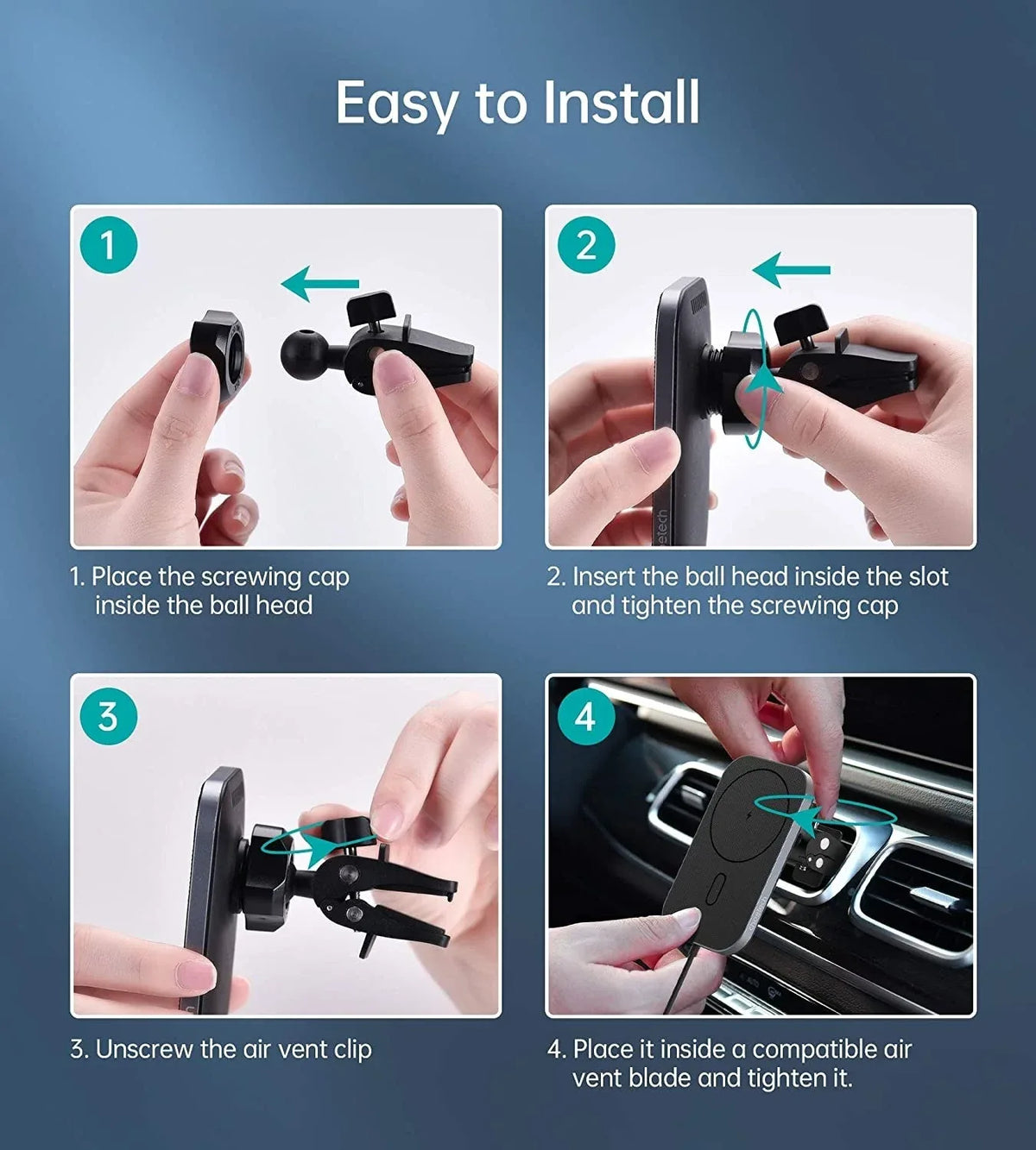 Ergonomic wireless car charger holder with adjustable ball-head mount attached to a car air vent, phone not attached.