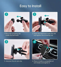Ergonomic wireless car charger holder with adjustable ball-head mount attached to a car air vent, phone not attached.