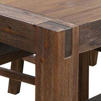 Dining table showing clean minimal design with solid wooden top and supportive metal frame legs on hardwood floor.