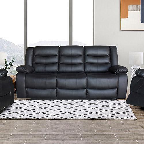 Black 3+1+1 seater recliner sofa set in faux leather with plush cushions and spacious armrests.