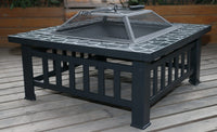 Close-up of the fire pit's metal frame and powder-coated finish.
