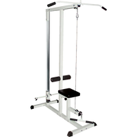 Home fitness multi gym lat pulldown machine showing black padded bench and steel frame from side view.