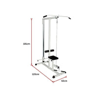 Home gym lat pulldown and rowing machine showing padded bench and cable pulley system.