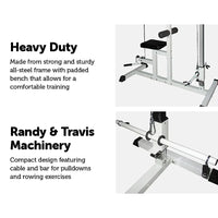 Multi gym exercise bench with lat pulldown cable setup against white background.