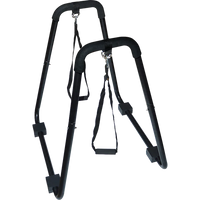 Heavy duty parallel bars with foam grips shown as part of home gym parallette stand.