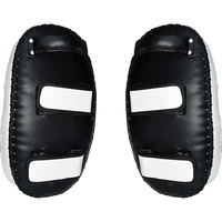 Black curved arm shield pad lying flat showing sturdy leather exterior