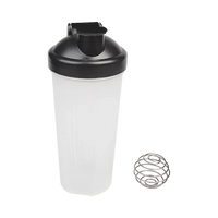 Protein shaker bottle with black lid and attached flip cap, showing mixer ball inside