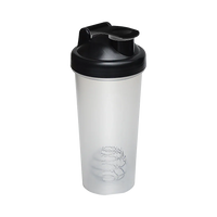 Protein shaker bottle with green lid and flip cap open, displaying contents inside
