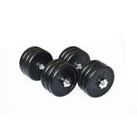Two adjustable dumbbells with black circular plates and chrome handles on white.