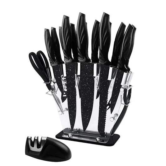 Complete 17-piece kitchen knife set with wooden block and sharpener on white background.
