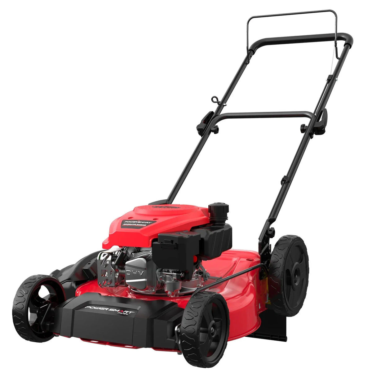 Front angled view of 21-inch gas push lawn mower with steel deck and recoil starter handle.