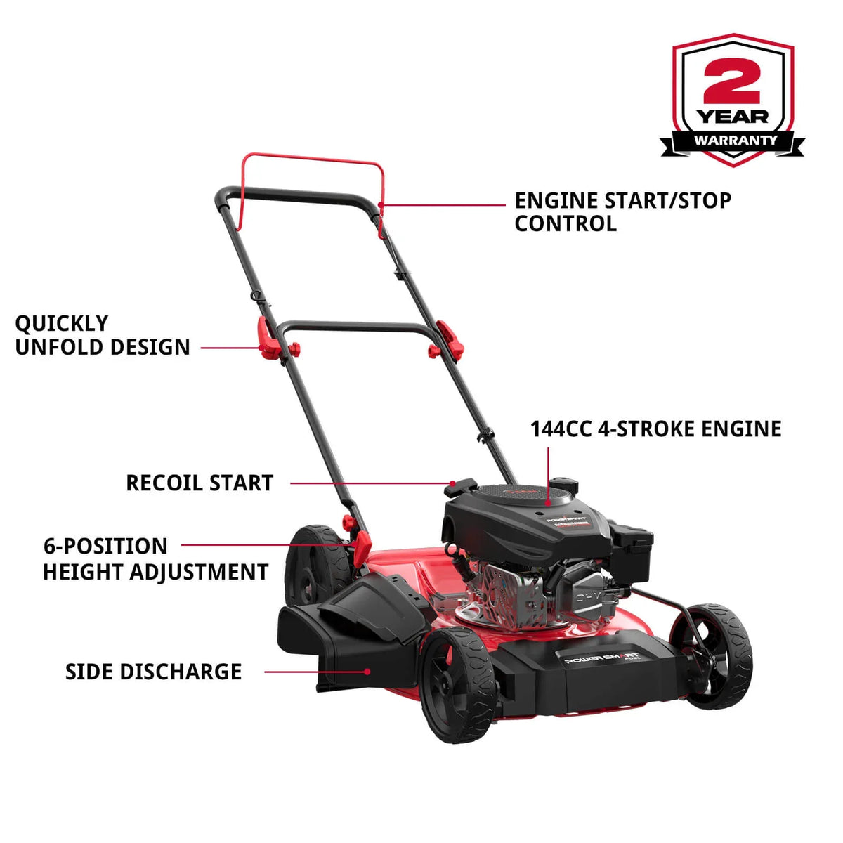 Side view of gas lawn mower showing steel deck and handle with control cables.