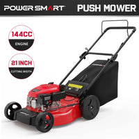Close-up of lawn mower with emphasis on 8-inch rear wheels for traction on uneven terrain
