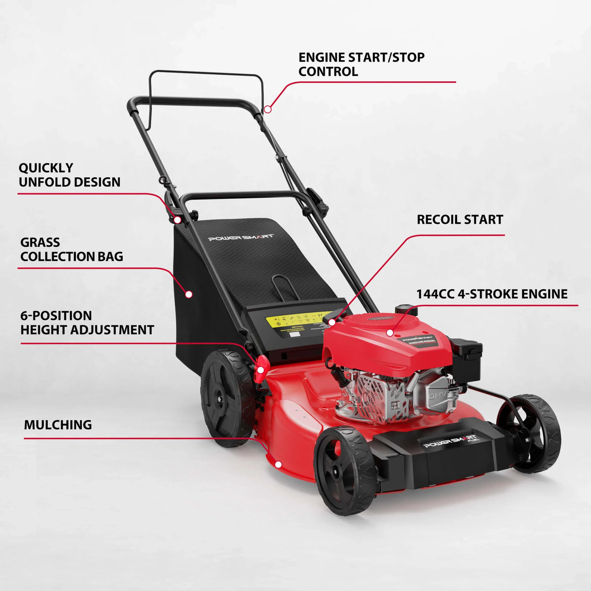 Lawn mower showcasing 3-in-1 functionality with rear discharge, mulching, and bagging options