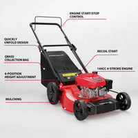 Lawn mower showcasing 3-in-1 functionality with rear discharge, mulching, and bagging options
