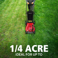 Side view of steel mowing deck with grass bag attached to the back of the lawn mower