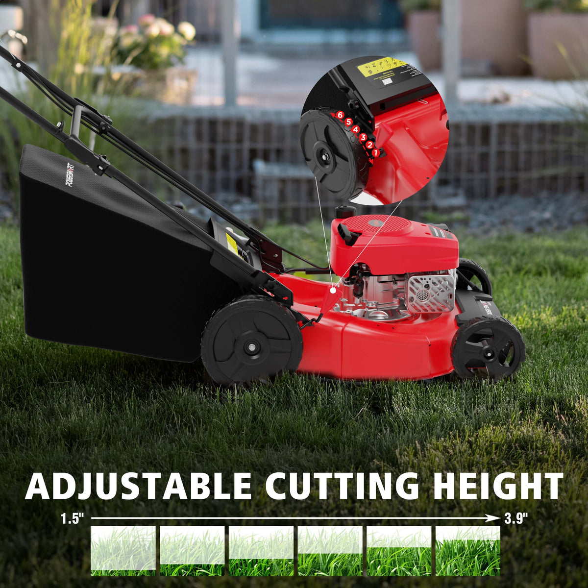 Adjustable cutting height feature on lawn mower allowing range from 1.5 to 3.9 inches