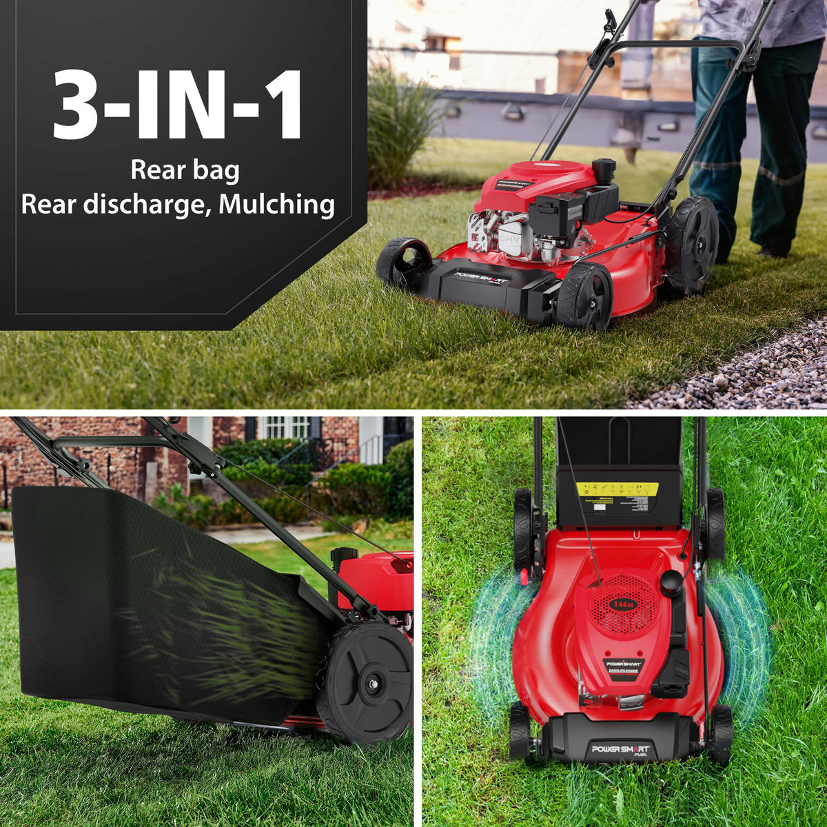 A red gas-powered push lawn mower with a grass bag and adjustable cutting height on a grassy lawn.