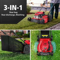 A red gas-powered push lawn mower with a grass bag and adjustable cutting height on a grassy lawn.