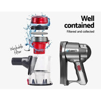 Side view of Devanti cordless vacuum cleaner highlighting ergonomic handle and trigger.