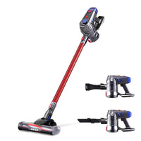 Red Devanti cordless handheld stick vacuum cleaner standing upright
