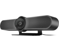 Logitech MeetUp 4K Conferencecam showing lens and microphone, designed for small meeting rooms with wide-angle view